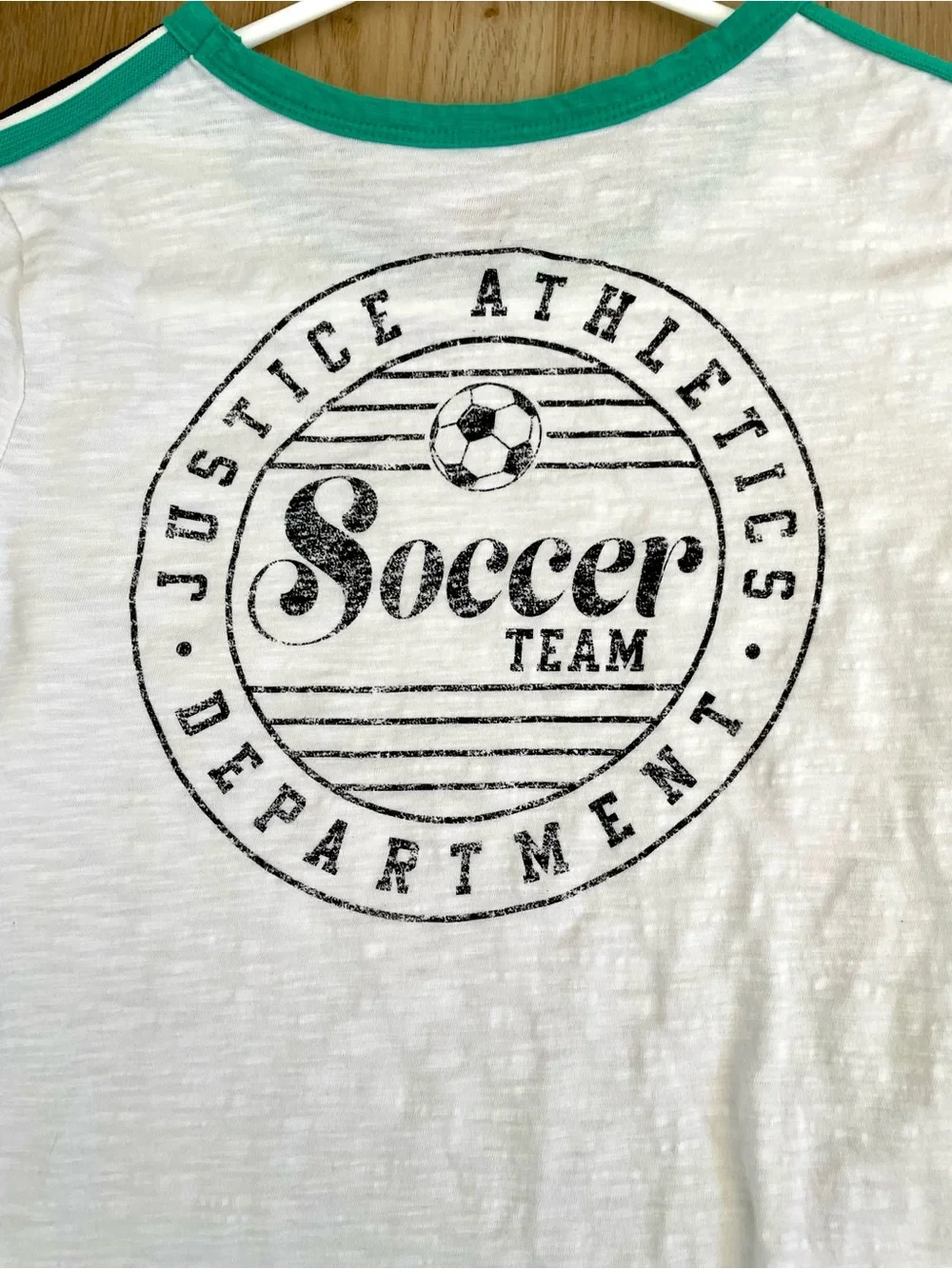 Justice Girls Soccer Team Graphic T Shirt White‎ Green Ringer Stripe Top Size L